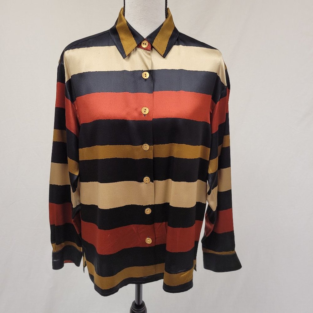 Maggy London Silk Striped Button Up Top 12P